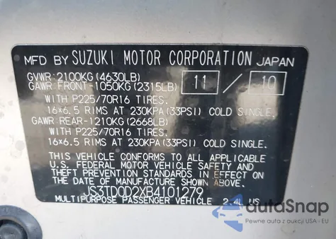 2011 Suzuki Grand Vitara Premium/Premium W/Alloy Wheels from USA, damaged, VIN JS3TD0D2XB4101279